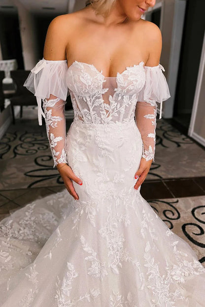 Mermaid Sweetheart White Tulle Wedding Dresses with Sleeves