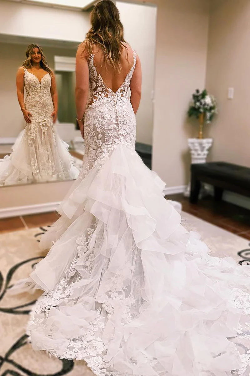 Mermaid V Neck Tulle Lace Wedding Dresses