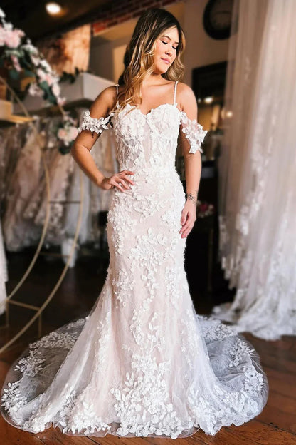 Princess Mermaid Cold Sleeves Floral Lace Boho Wedding Dresses