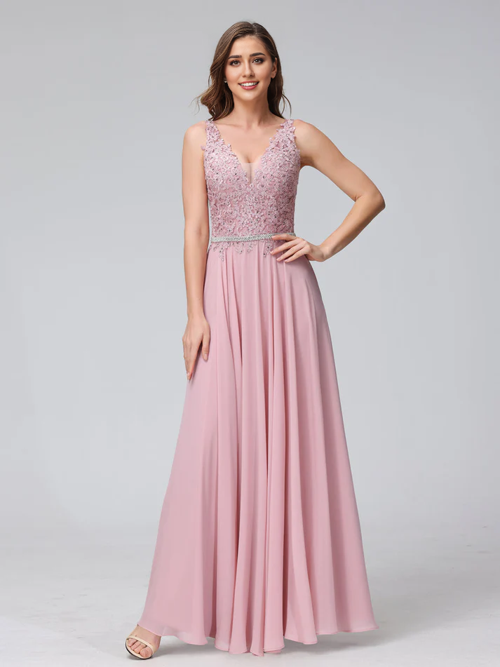 QIAIWAN Dress chiffon V-neck sleeveless lace applique bridesmaid dress