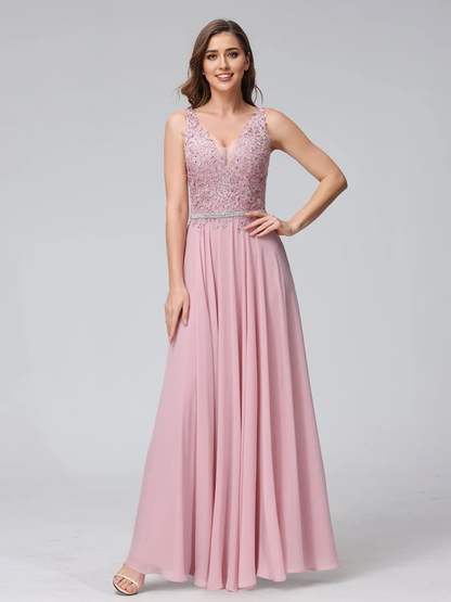 QIAIWAN Dress chiffon V-neck sleeveless lace applique bridesmaid dress