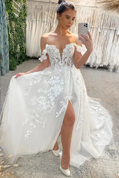 Cute A Line Off the Shoulder Tulle Long Wedding Dresses with Appliques