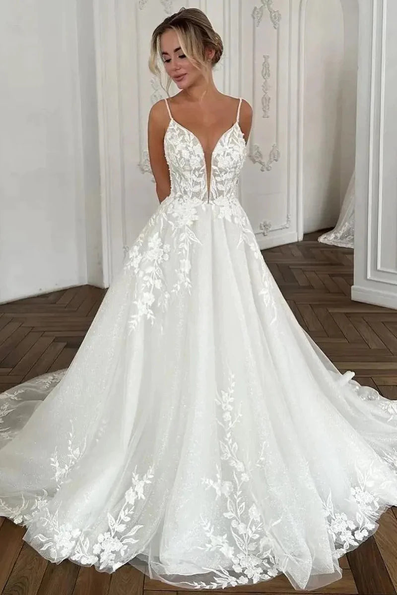 Charming A Line V Neck Tulle Long Wedding Dresses with Appliques