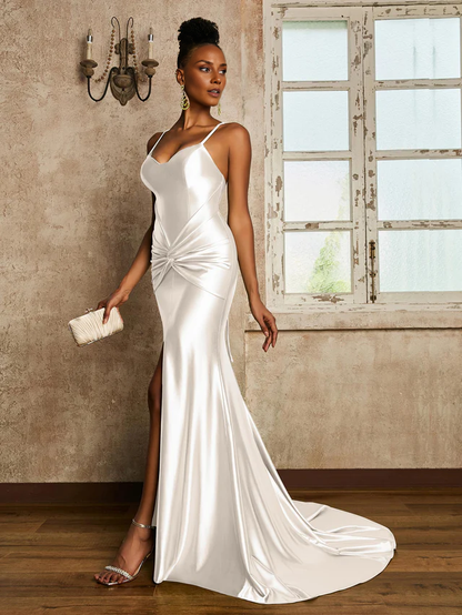 Waist pleated mermaid stretch satin Prom Dresses QIAIWAN Dress