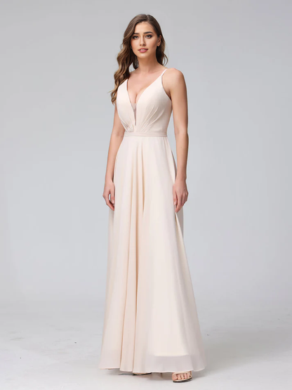 QIAIWAN Dress's charming V-neck sleeveless chiffon bridesmaid dress