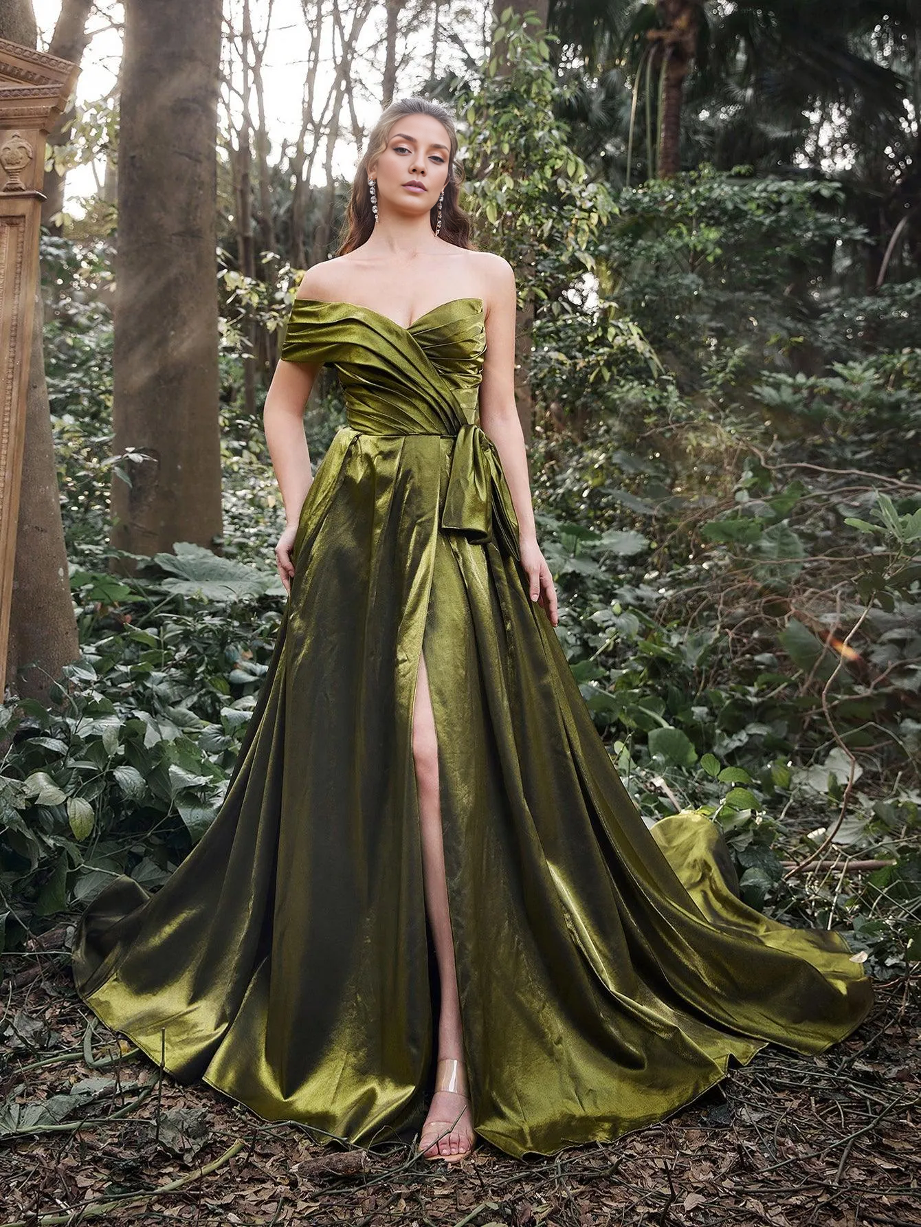 Gorgeous wrinkled tight off shoulder slit satin ballroom dress