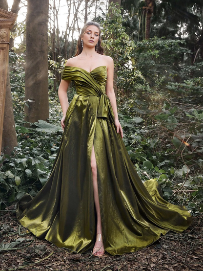 Gorgeous wrinkled tight off shoulder slit satin ballroom dress