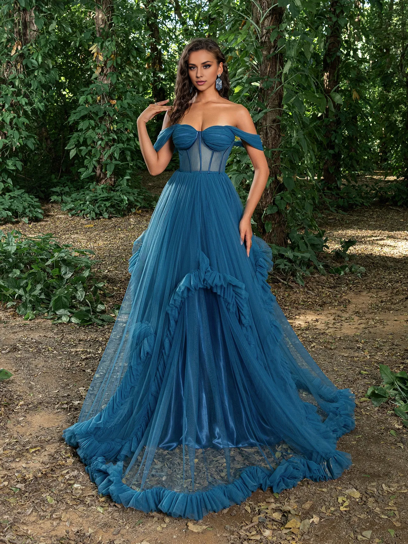 QIAIWAN's gorgeous transparent tight fitting ruffled chiffon ball gown