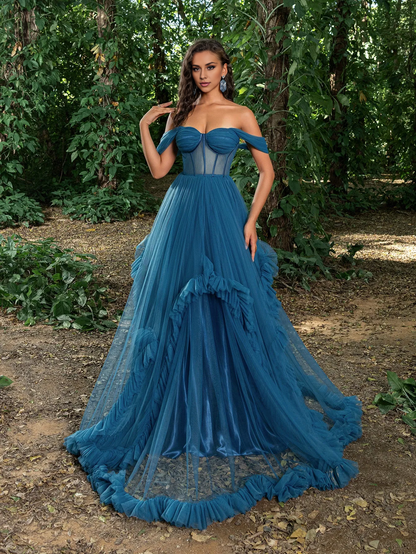 QIAIWAN's gorgeous transparent tight fitting ruffled chiffon ball gown