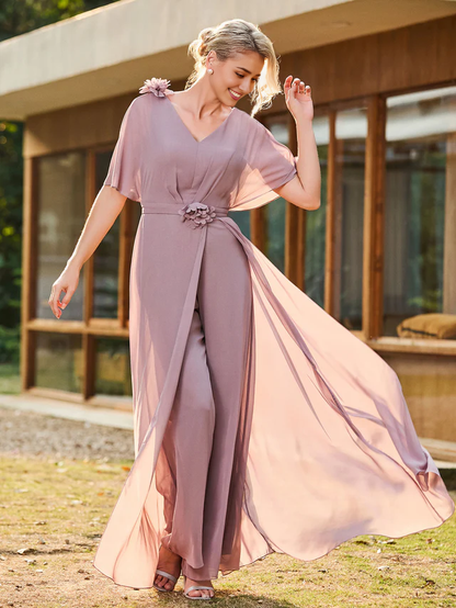 V-neck short sleeved chiffon bridal mother's dress with appliqu é - QIAIWAN Dress