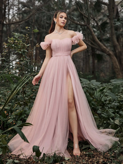 Elegant off shoulder sleeveless backless chiffon ball gown