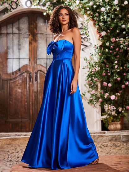 Elegant A-Line Bow Corset Strapless Floor-Length Prom Dresses - QIAIWAN Dress