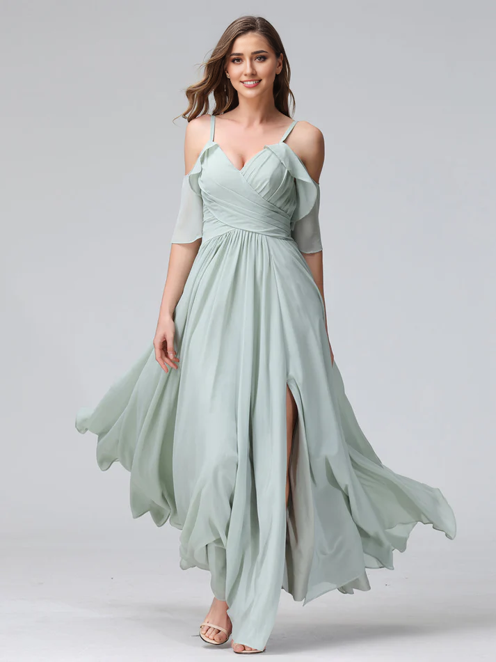 QIAIWAN Dress Chiffon V-neck A-line Split Bridesmaid Dress
