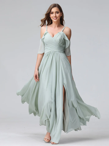 QIAIWAN Dress Chiffon V-neck A-line Split Bridesmaid Dress