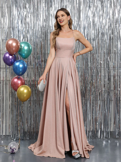 QIAIWAN Dress slim shoulder strap slit sleeveless ball gown