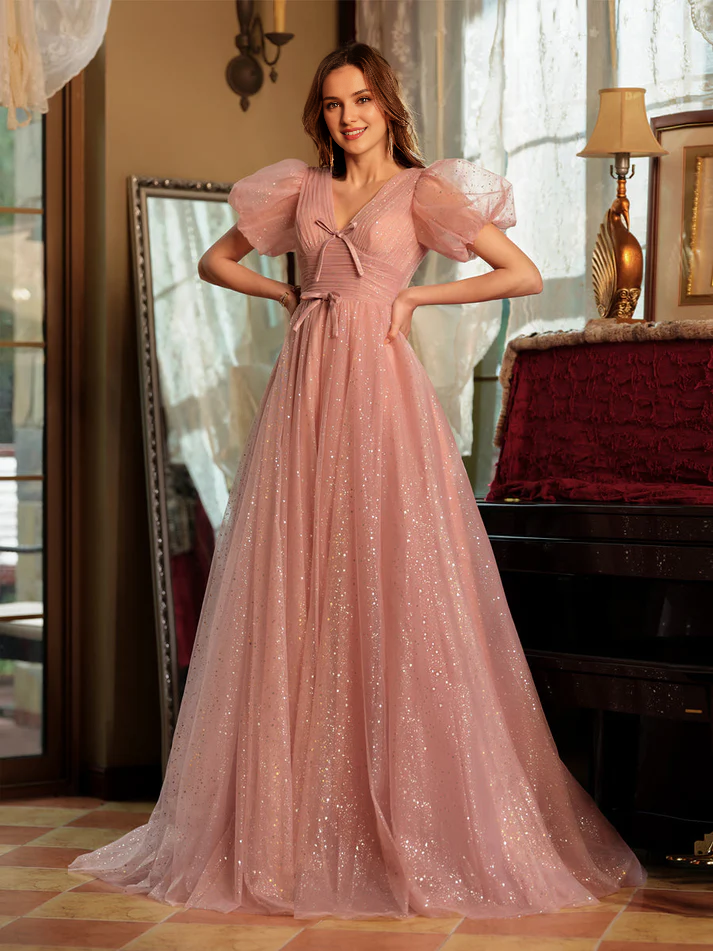 QIAIWAN Dress Elegant Chiffon V-neck Split Ball Dress