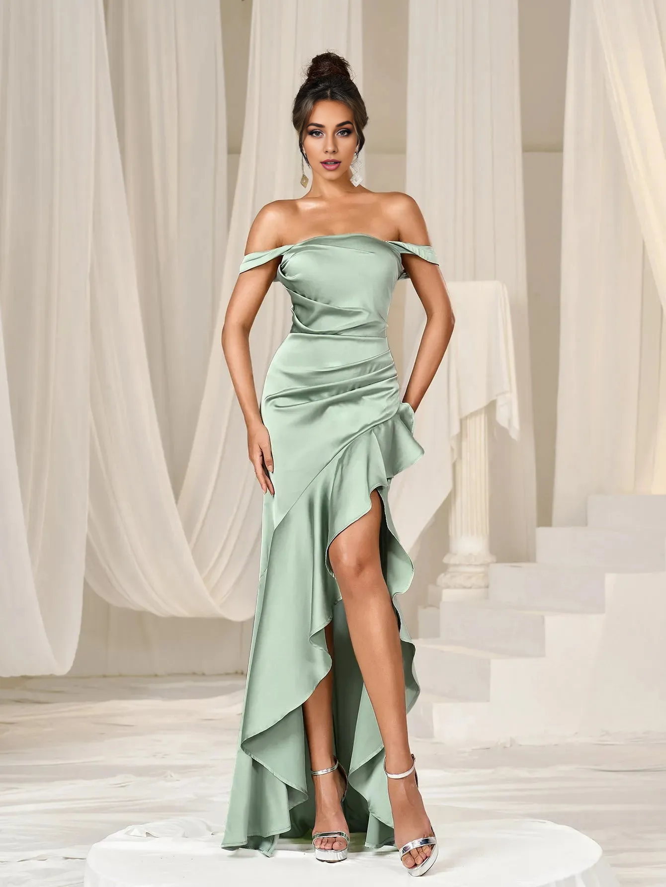 elegant off shoulder sleeveless backless ruffled ball gown