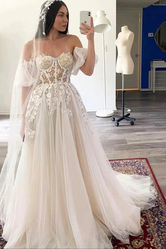 Princess A Line Off the Shoulder White Wedding Dress with Appliques