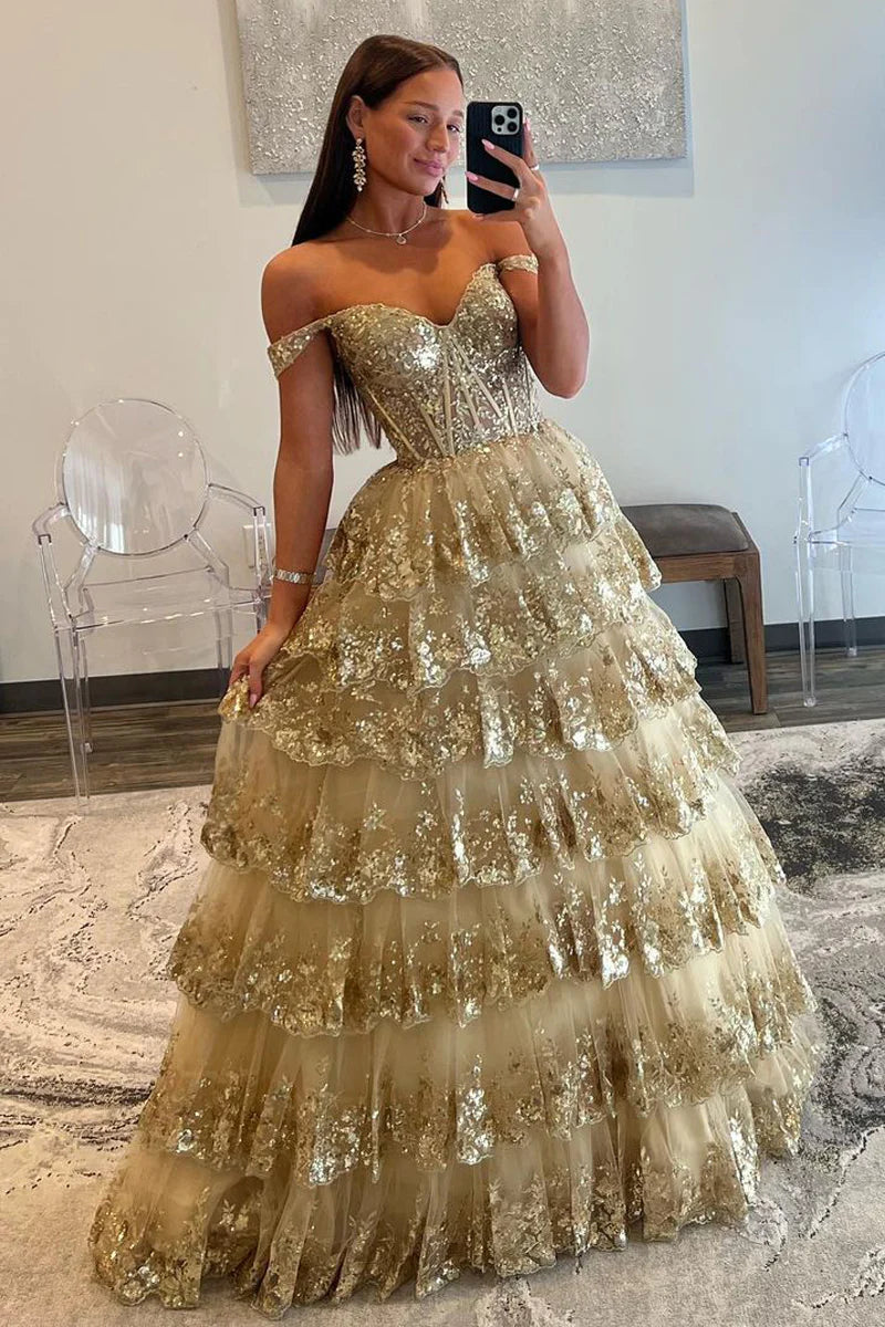 Ball Gown Off the Shoulder Gold Sequin Lace Prom Dress