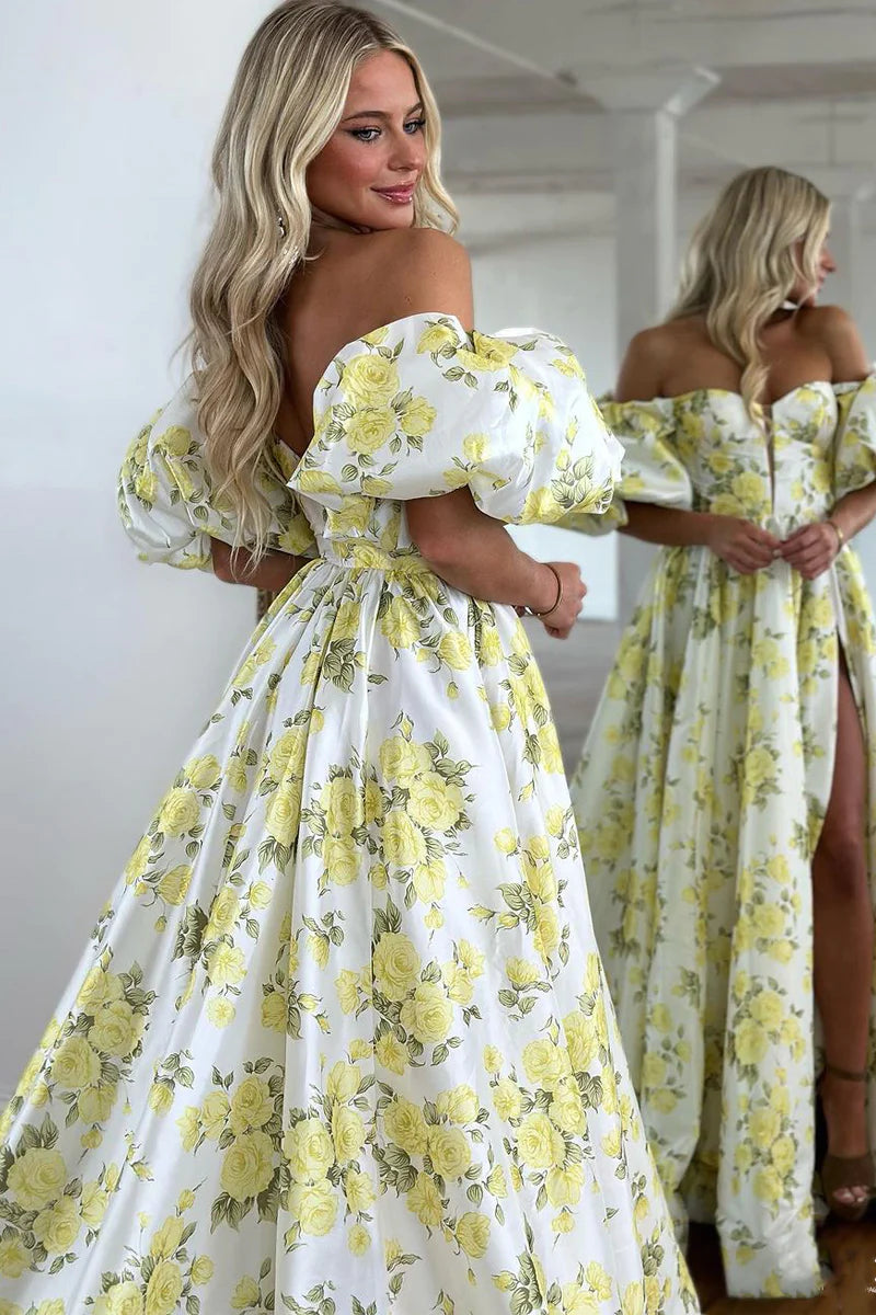 Chic A-Line Strapless Floral Print Satin Long Prom Dresses with Sleeves