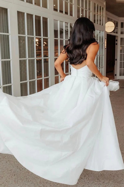 A-Line White Satin Strapless Wedding Dresses with Slit