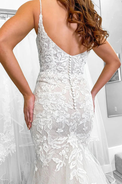 Mermaid V Neck Lace Wedding Dresses