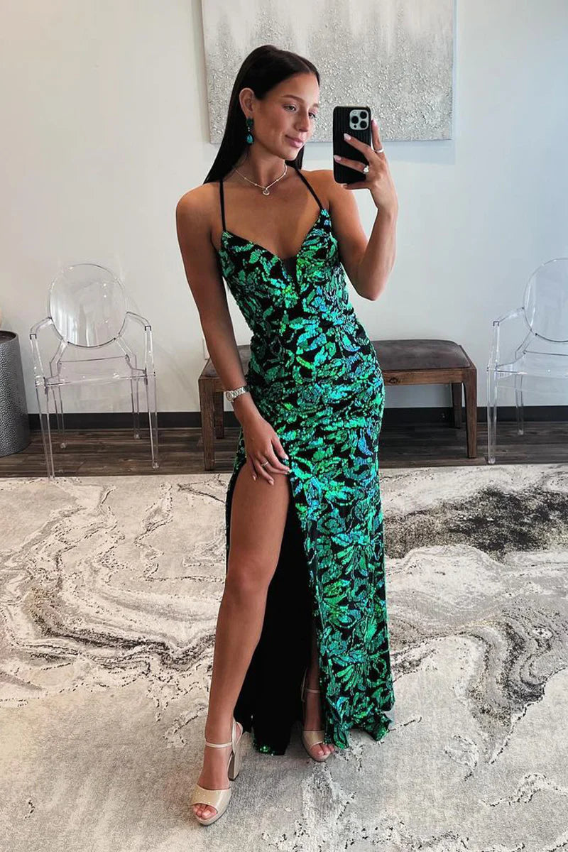 Dark Green V Neck Sequins Mermaid Long Prom Dresses with Slit