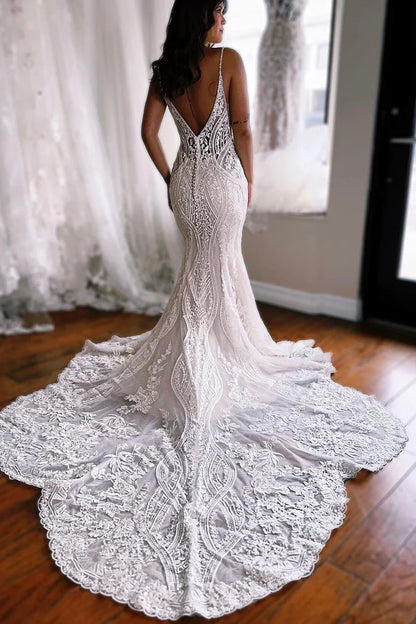 Mermaid V Neck Ivory Lace Wedding Dresses