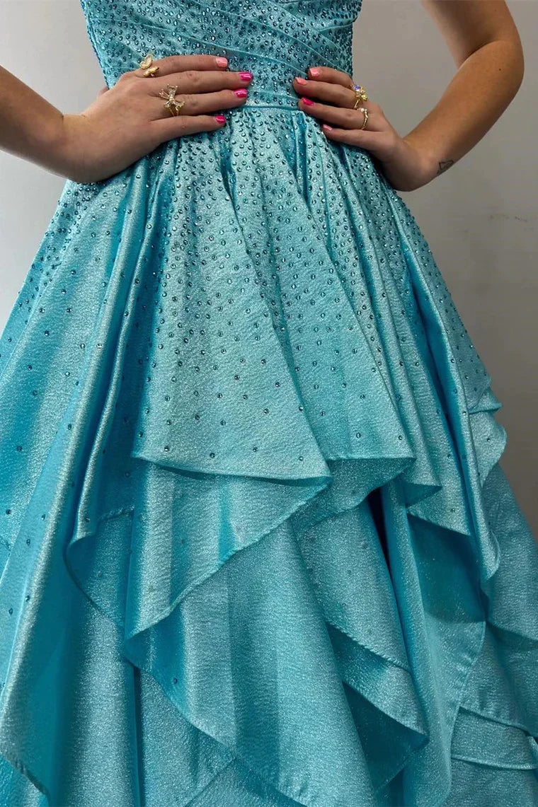 Aqua Blue Beaded Multi-Layer Ruffle Satin Long Prom Dress