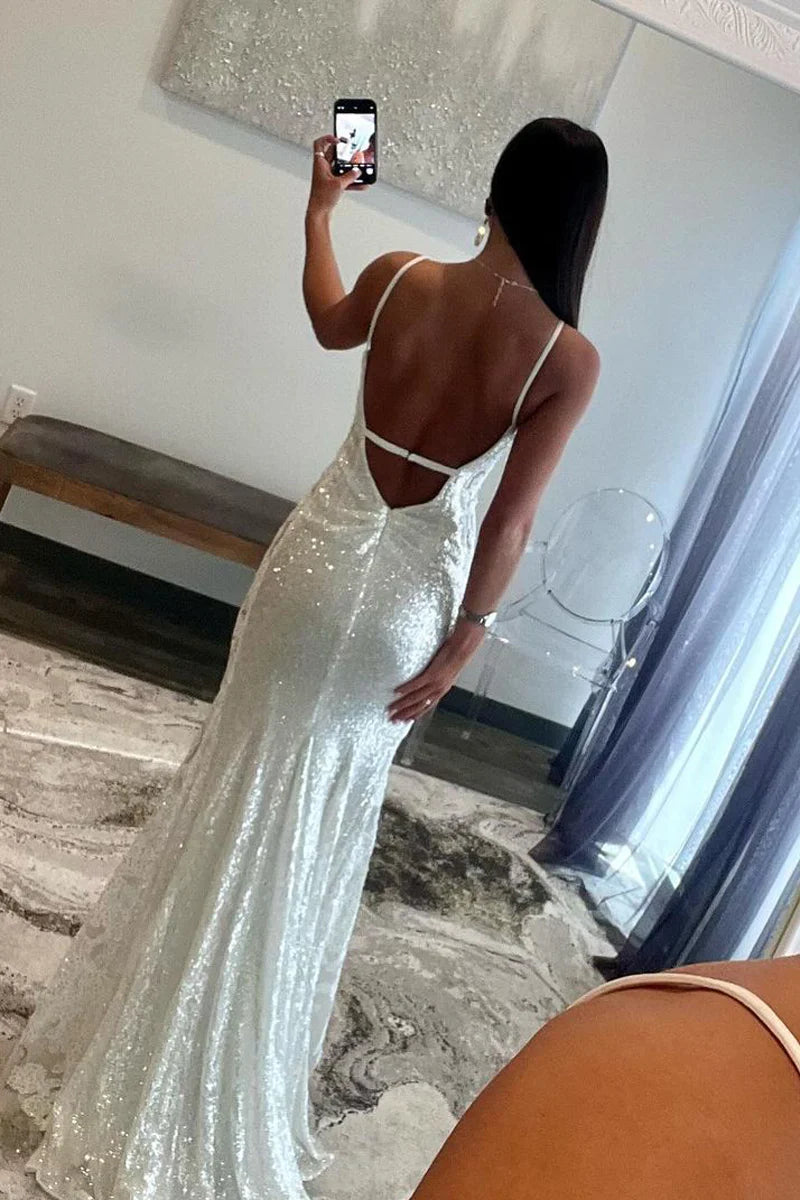 White V Neck Sequin Mermaid Long Prom Dresses with Appliques