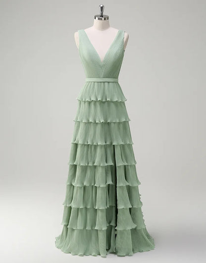 QIAIWAN elegant chiffon sleeveless backless V-neck ball gown