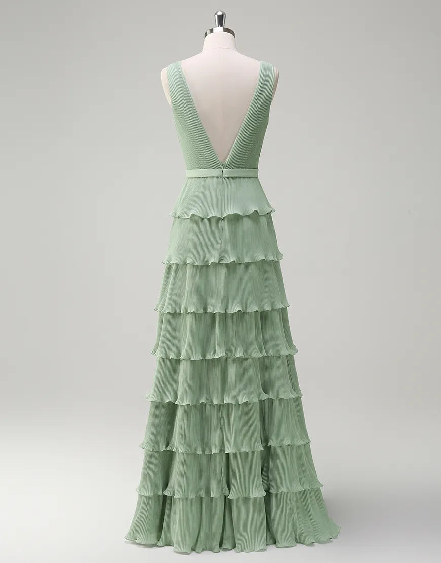 QIAIWAN elegant chiffon sleeveless backless V-neck ball gown