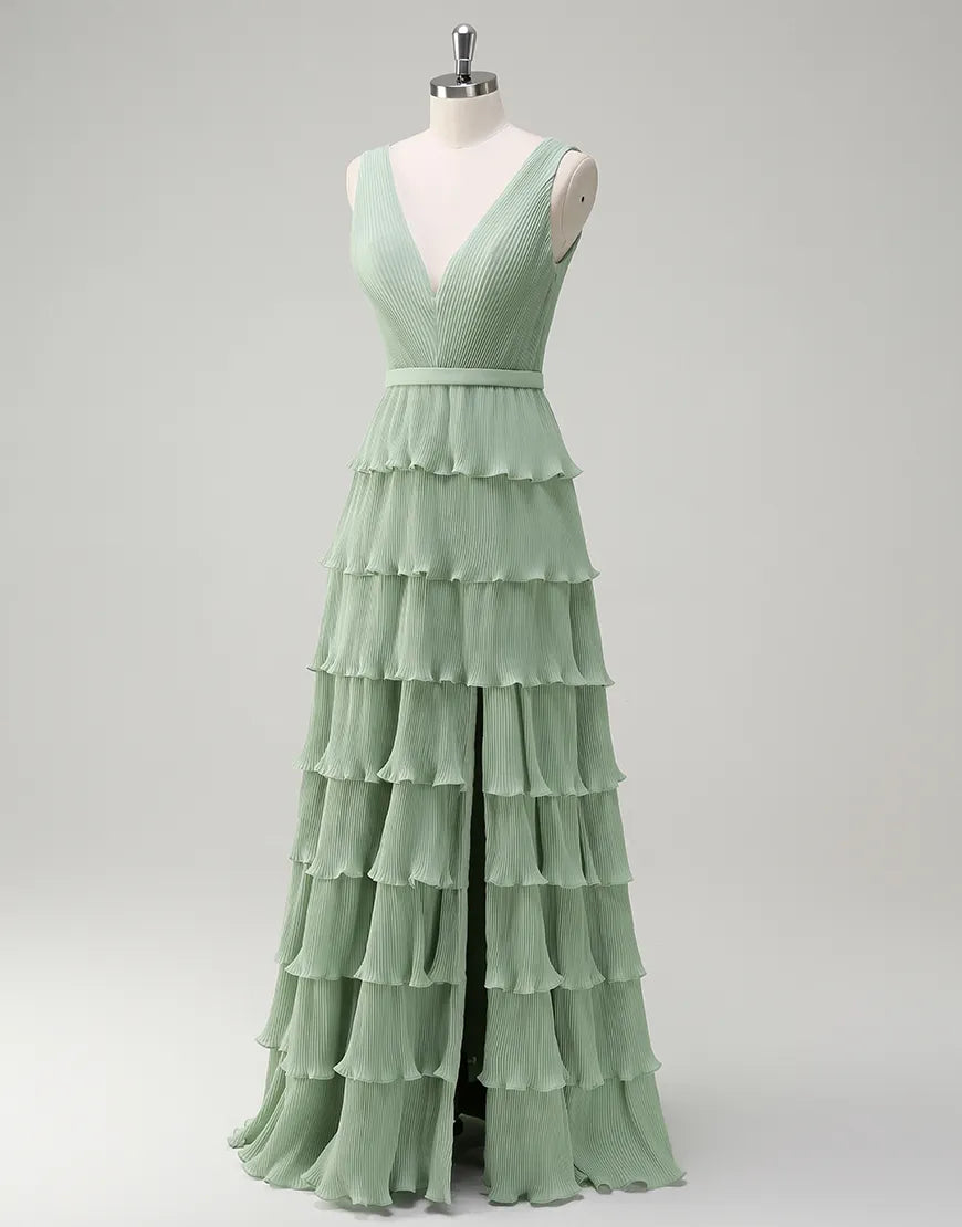 QIAIWAN elegant chiffon sleeveless backless V-neck ball gown