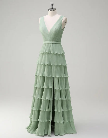 QIAIWAN elegant chiffon sleeveless backless V-neck ball gown