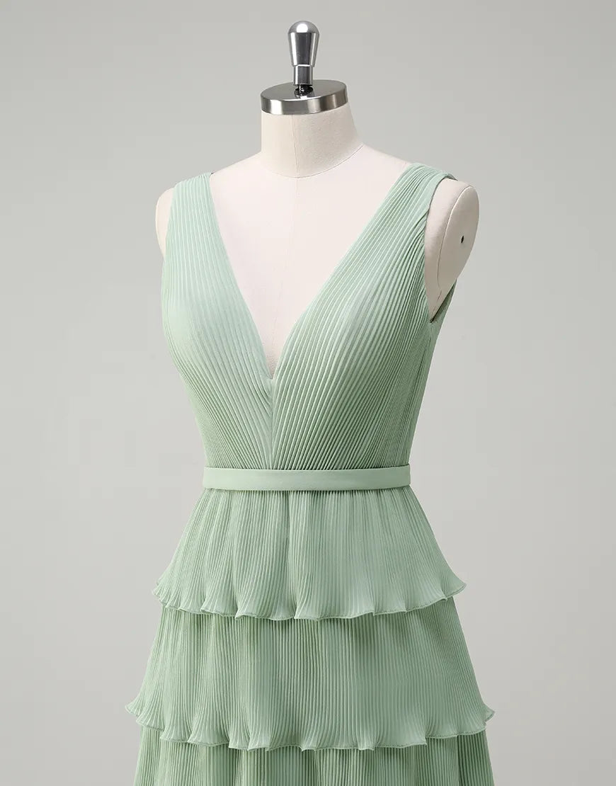 QIAIWAN elegant chiffon sleeveless backless V-neck ball gown