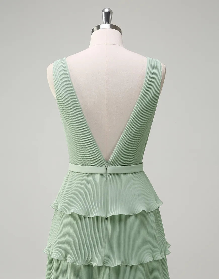 QIAIWAN elegant chiffon sleeveless backless V-neck ball gown