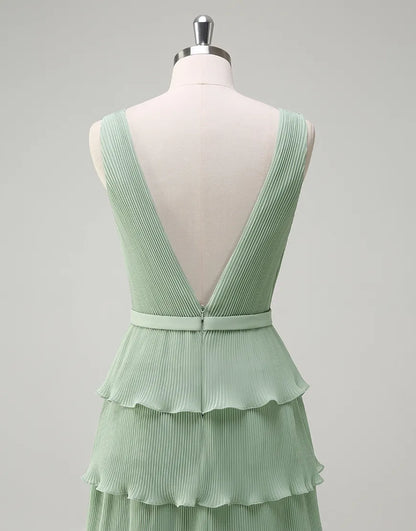 QIAIWAN elegant chiffon sleeveless backless V-neck ball gown