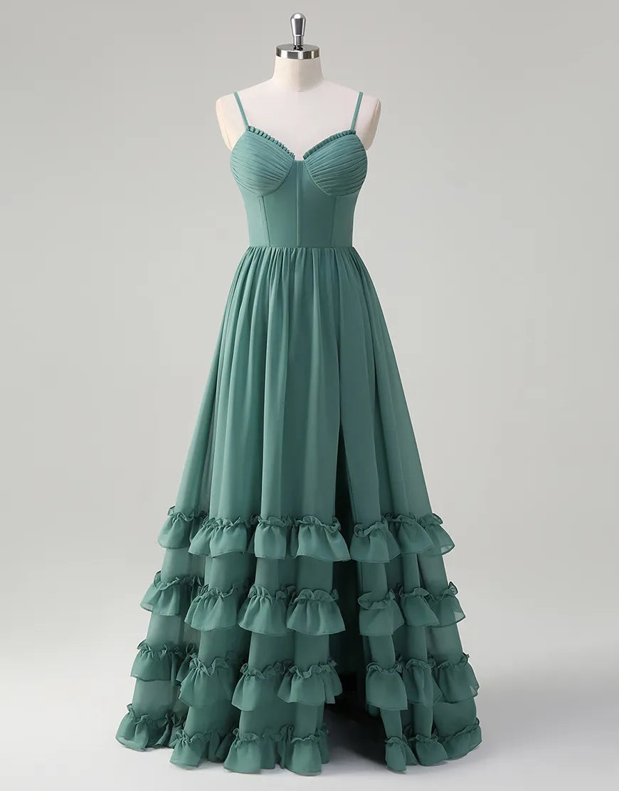 QIAIWAN Elegant Ruffle Chiffon Strap Sleeveless Ball Dress