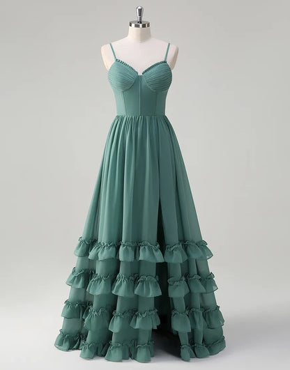 QIAIWAN Elegant Ruffle Chiffon Strap Sleeveless Ball Dress