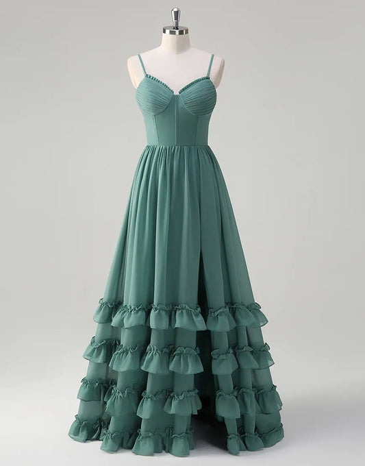 QIAIWAN Elegant Ruffle Chiffon Strap Sleeveless Ball Dress