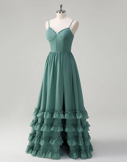 QIAIWAN Elegant Ruffle Chiffon Strap Sleeveless Ball Dress