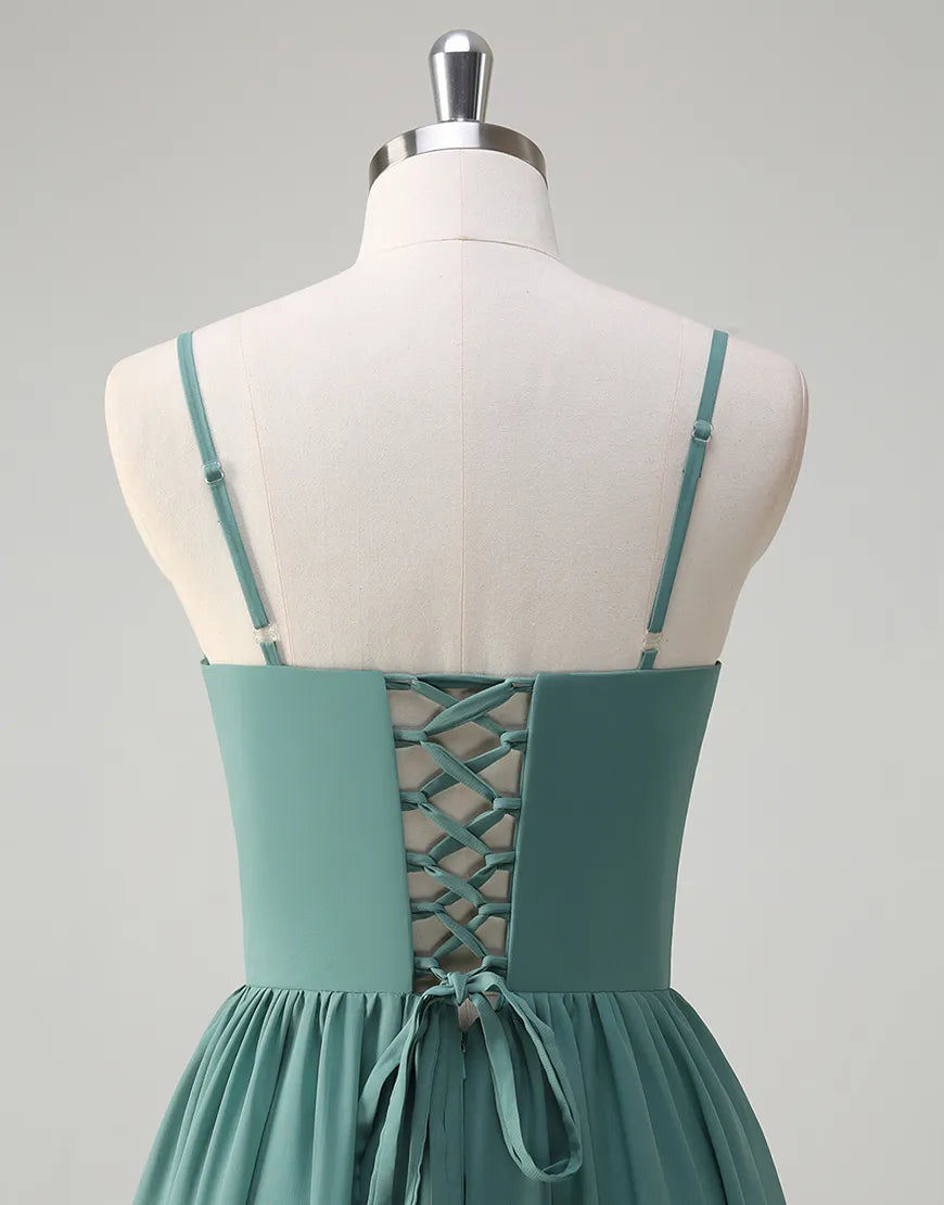 QIAIWAN Elegant Ruffle Chiffon Strap Sleeveless Ball Dress