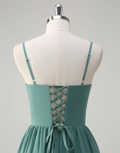 QIAIWAN Elegant Ruffle Chiffon Strap Sleeveless Ball Dress