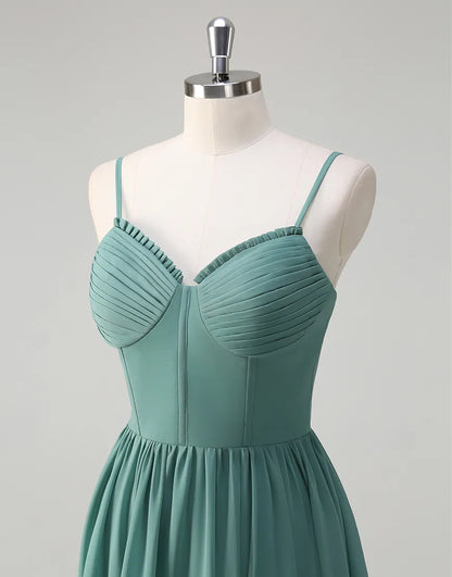 QIAIWAN Elegant Ruffle Chiffon Strap Sleeveless Ball Dress