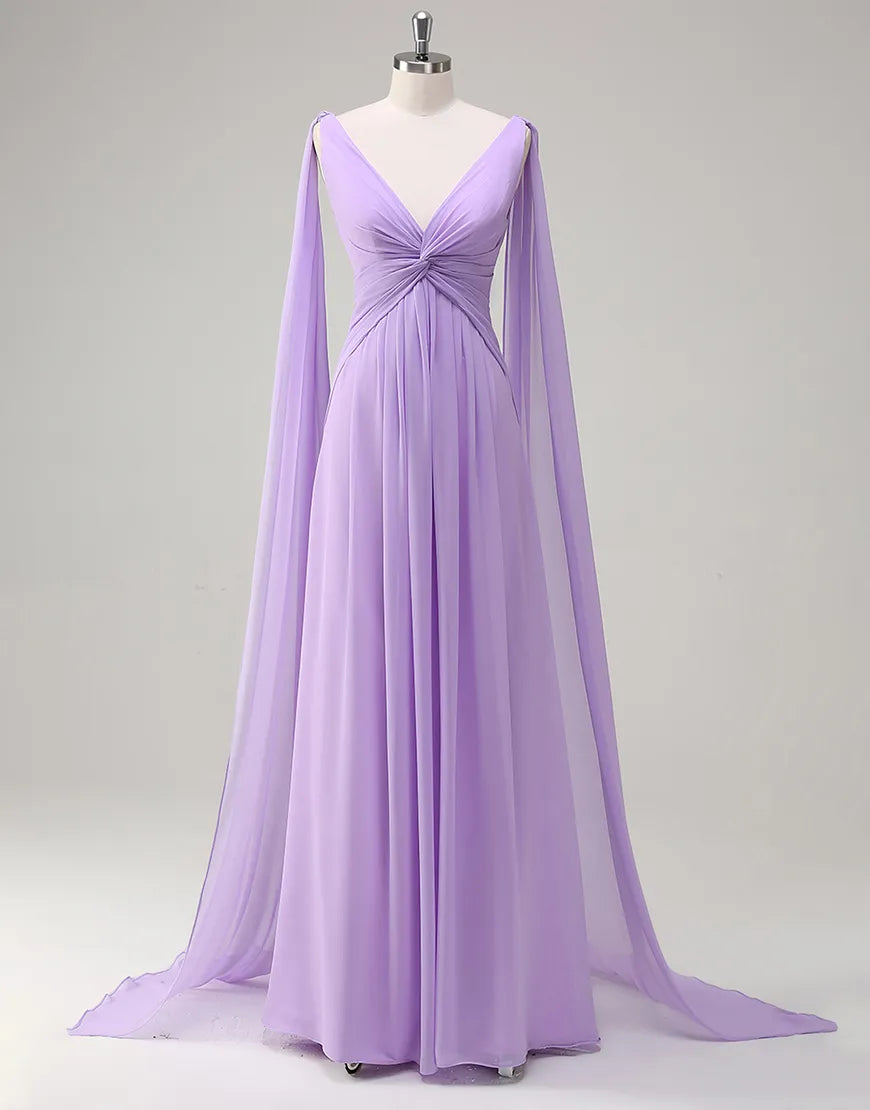 QIAIWAN elegant chiffon sleeveless backless V-neck ball gown