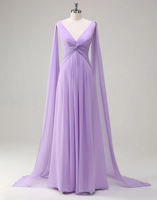 QIAIWAN elegant chiffon sleeveless backless V-neck ball gown