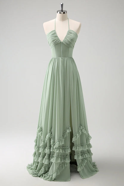 QIAIWAN's charming chiffon pleated V-neck sleeveless strapless ball gown