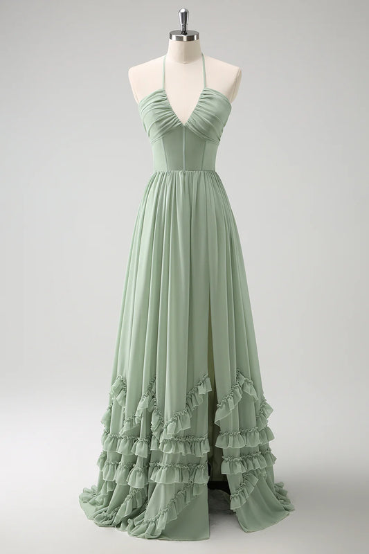 QIAIWAN's charming chiffon pleated V-neck sleeveless strapless ball gown