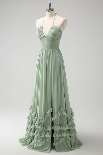 QIAIWAN's charming chiffon pleated V-neck sleeveless strapless ball gown