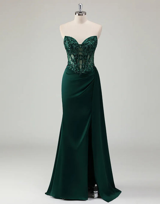 QIAIWAN mermaid tight fitting off shoulder sleeveless applique ball dress